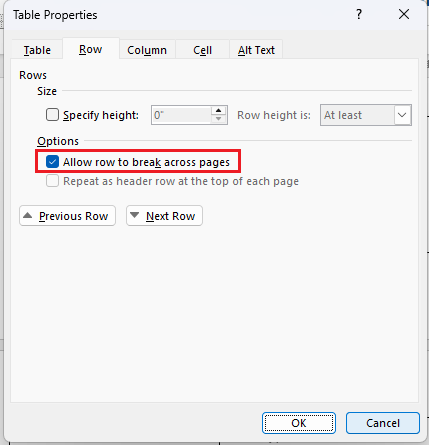 Table properties row break across pages option